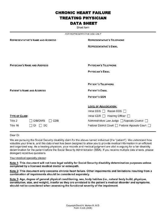 Congestive (Chronic) Heart Failure Treating Physician Data Sheet